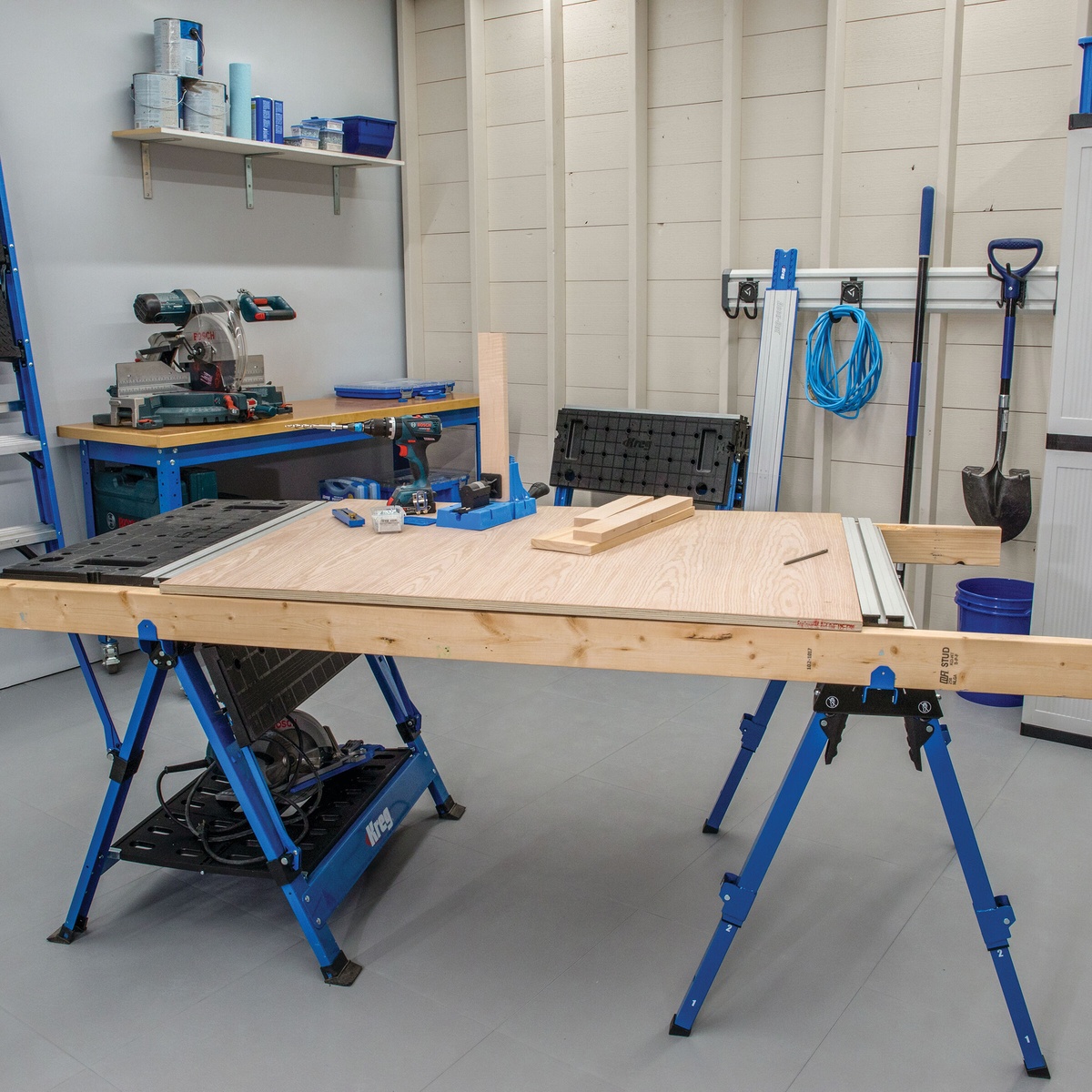 Kreg Track Horse work support pair used as a portable work table base for woodworking assembly