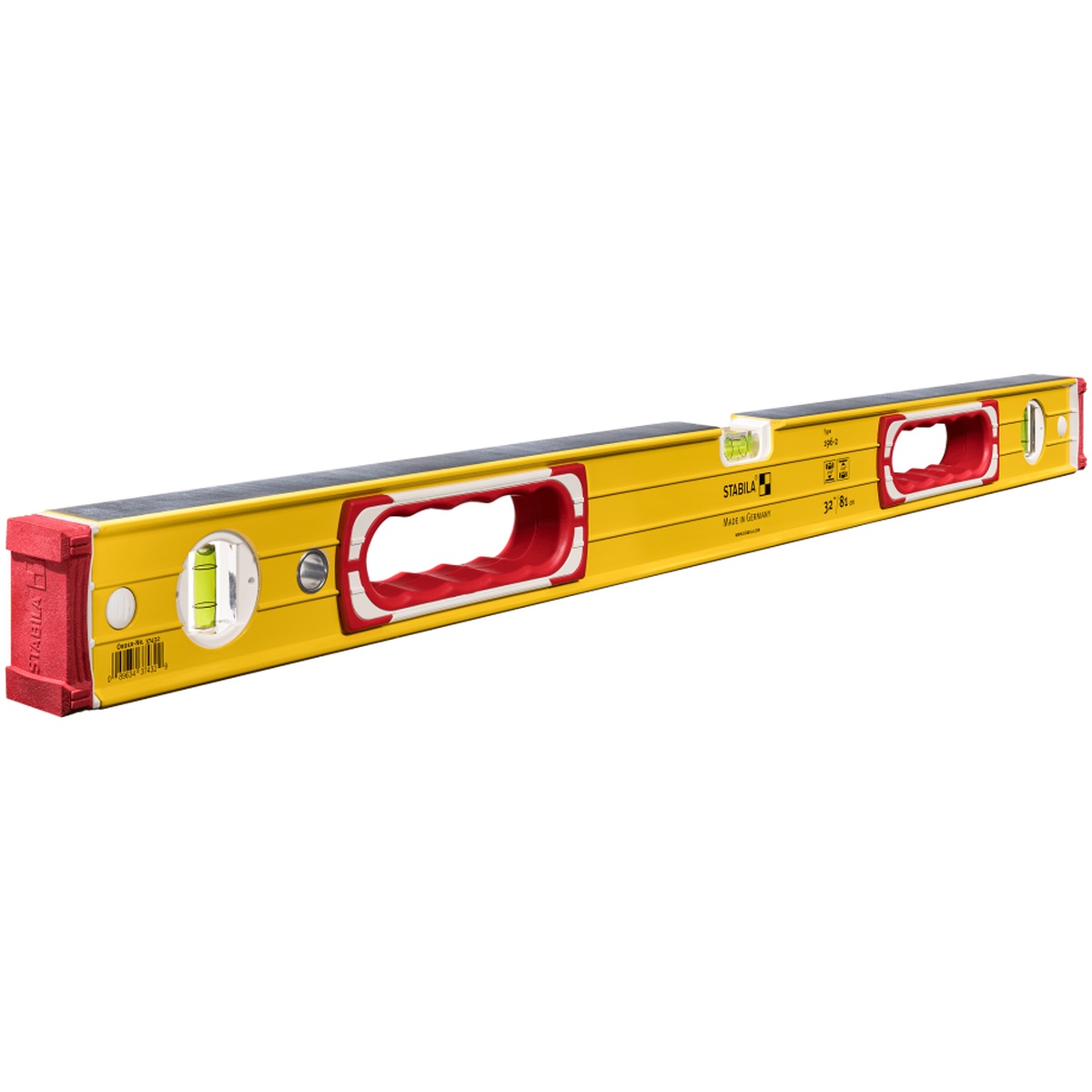 Close-up of the Stabila 37832 Type 196-2 32-inch spirit level showing vials and handhold for accurate leveling