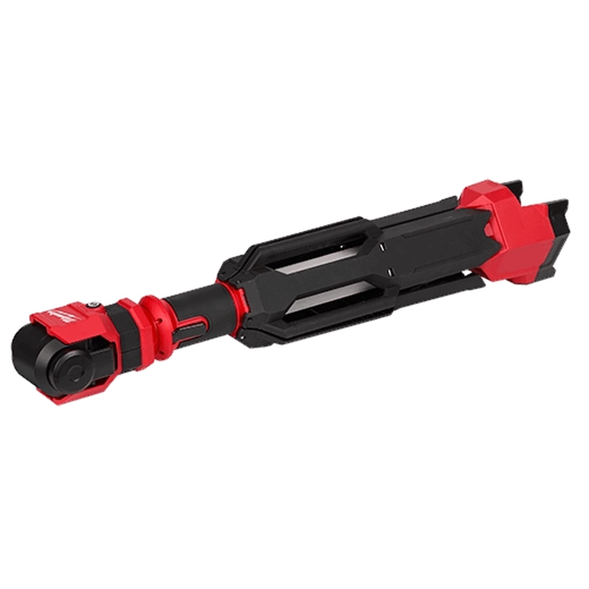 Milwaukee M12 ROCKET Dual Power Tower Light folded down with protective guard, showing compact design for storage and dual power jobsite lighting use