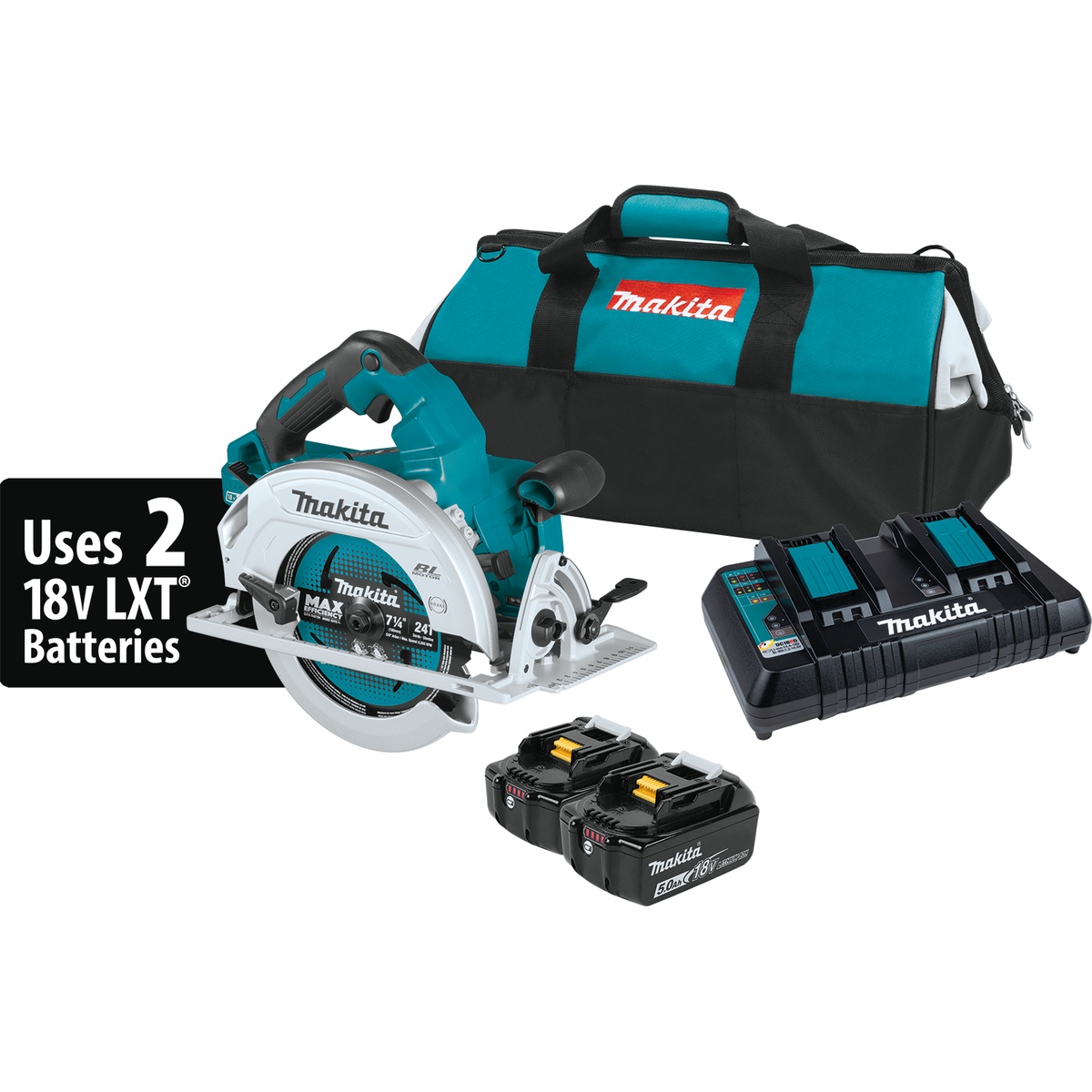 Makita XSH06PT 36V (18V X2) LXT Brushless 7-1/4 in. Circular Saw Kit with dual port charger, two 5.0Ah batteries, and tool bag on a shop floor setup for cordless cutting work