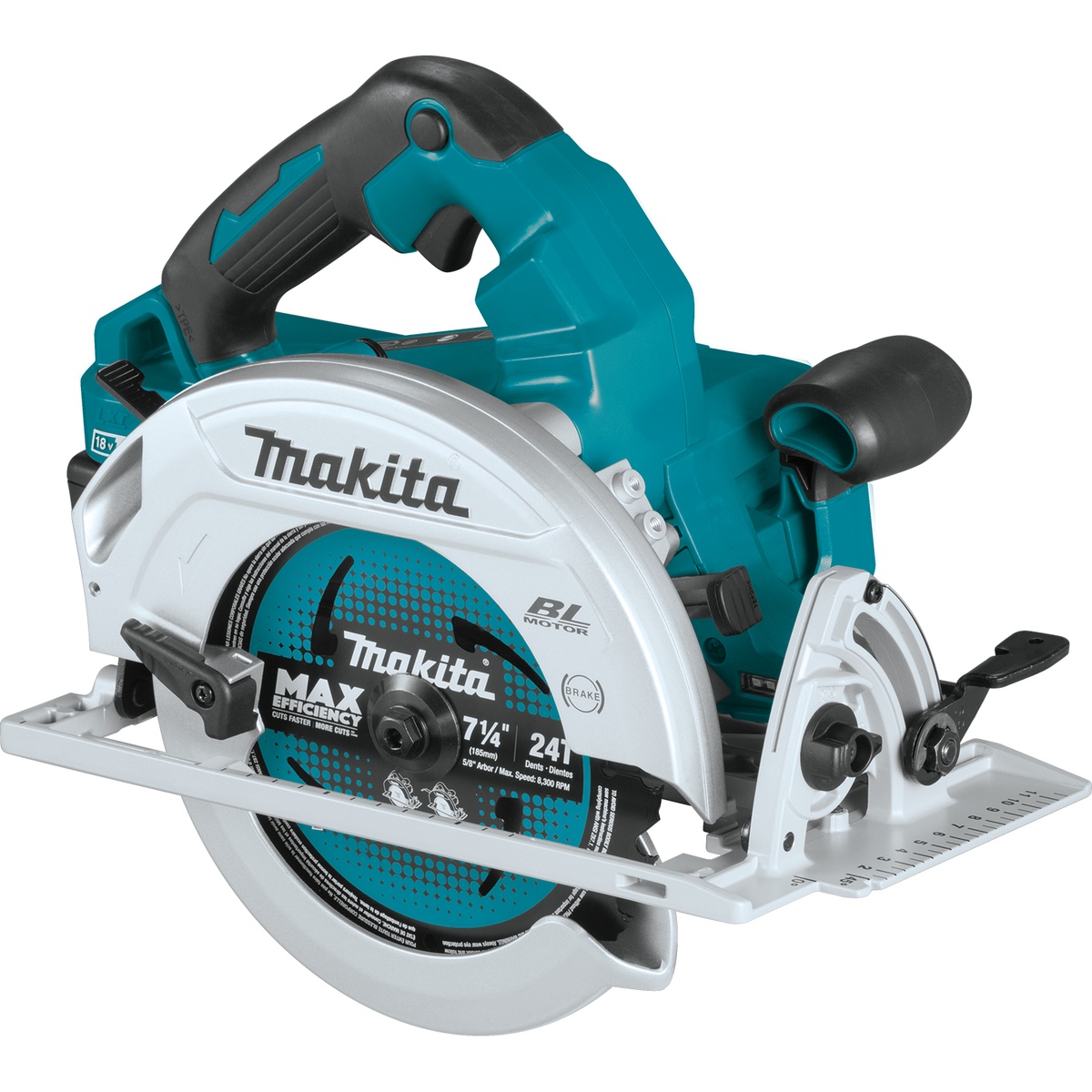 Makita XSH06PT 36V (18V X2) LXT Brushless 7-1/4 in. circular saw showing blade, magnesium base, and bevel controls for framing and sheet goods cutting