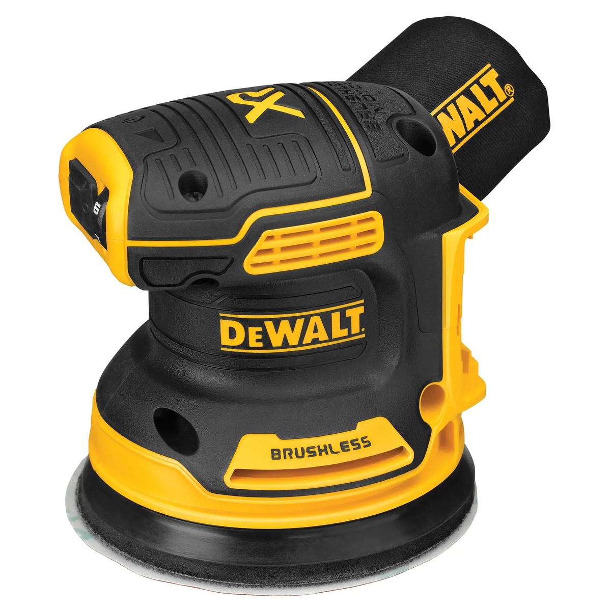 DEWALT DCW210B random orbital sander close-up showing the variable speed control dial and compact cordless body on a clean background