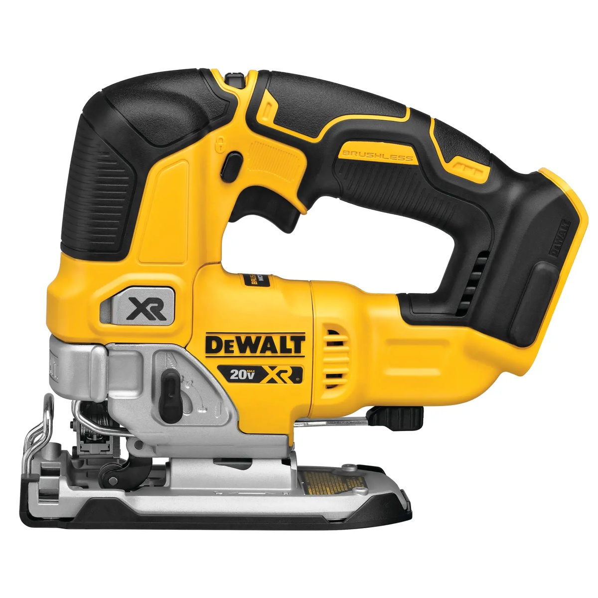 DEWALT DCS334B 20V MAX XR Cordless Jig Saw side profile showing compact body, bevel shoe, and T-shank blade area on a clean background