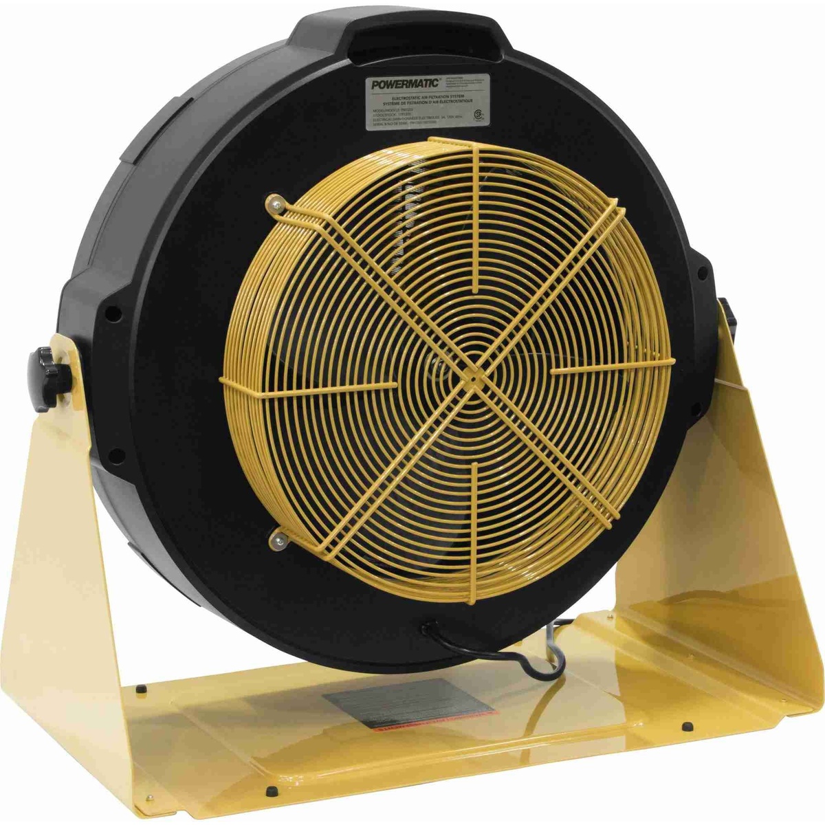 Rear view of the Powermatic PM1250 air filtration system showing the fan housing and support stand for quiet background air cleaning in a woodshop