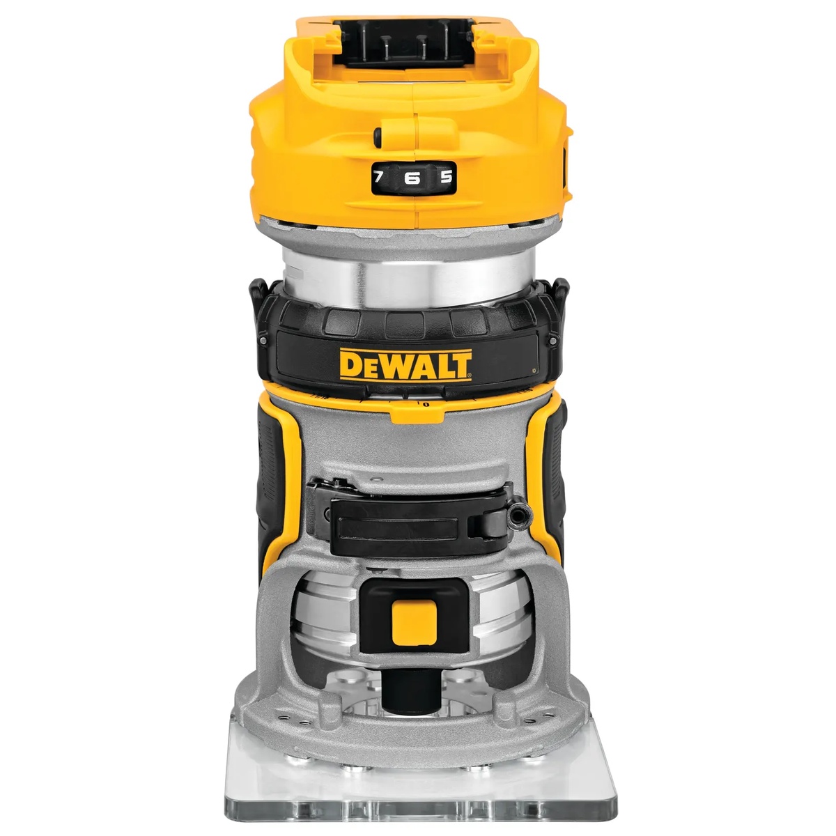 DEWALT DCW600B 20V MAX XR Brushless Cordless Router showing the variable speed dial and fixed base on a clean product view