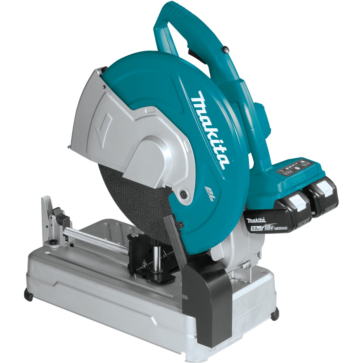Makita XWL01PT 36V 18V X2 LXT Brushless 14 inch cut-off saw shown as a cordless metal cutting saw with abrasive wheel, spark guard, vise, and dual battery setup for jobsite pipe and strut cutting