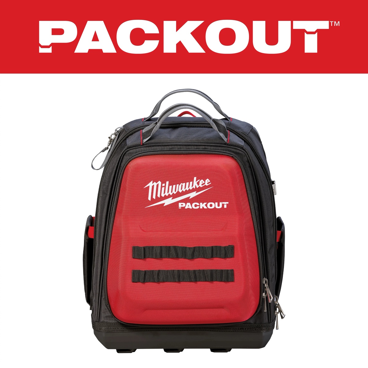 Front view of Milwaukee PACKOUT Tool and Equipment Backpack with molded front shell and PACKOUT connection base for modular jobsite storage