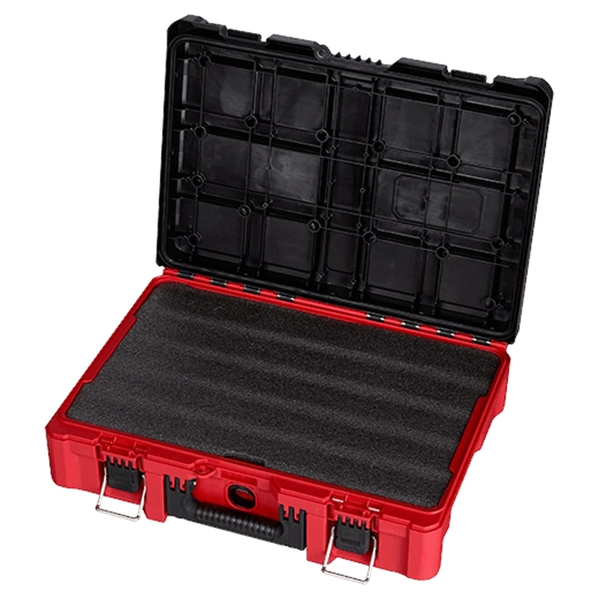 Milwaukee 48-22-8450 PACKOUT Tool Case with Customizable Insert opened to show foam insert for protecting tools and accessories during transport on the jobsite