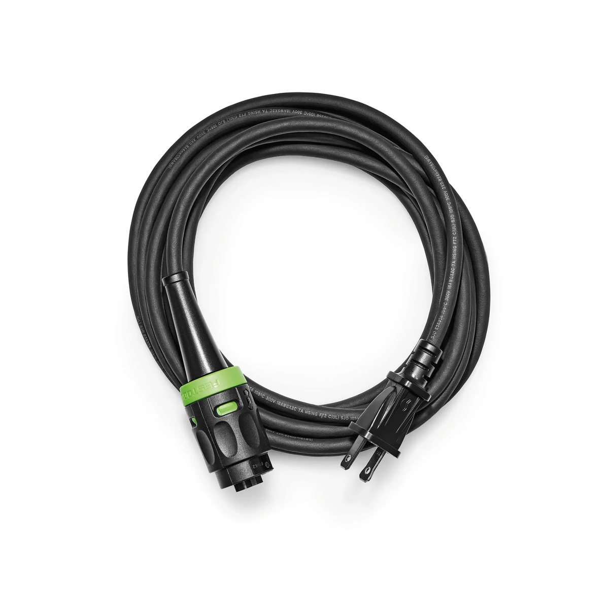 Festool 203923 Plug-it Replacement 13' Power Cord, 18-gauge coiled on a clean background showing the Plug-it connector and standard wall plug for compatible Festool sanders, jigsaws, and joiners