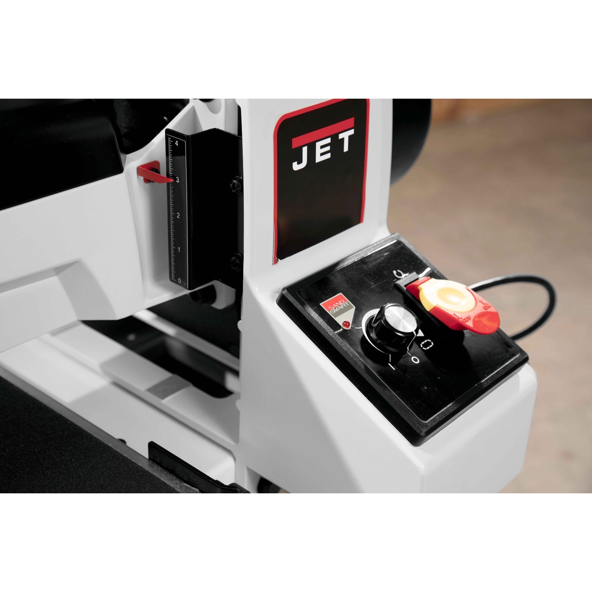 JET 723550OSK JWDS-2550 Drum Sander control panel with variable speed knob and switch on a woodworking shop machine