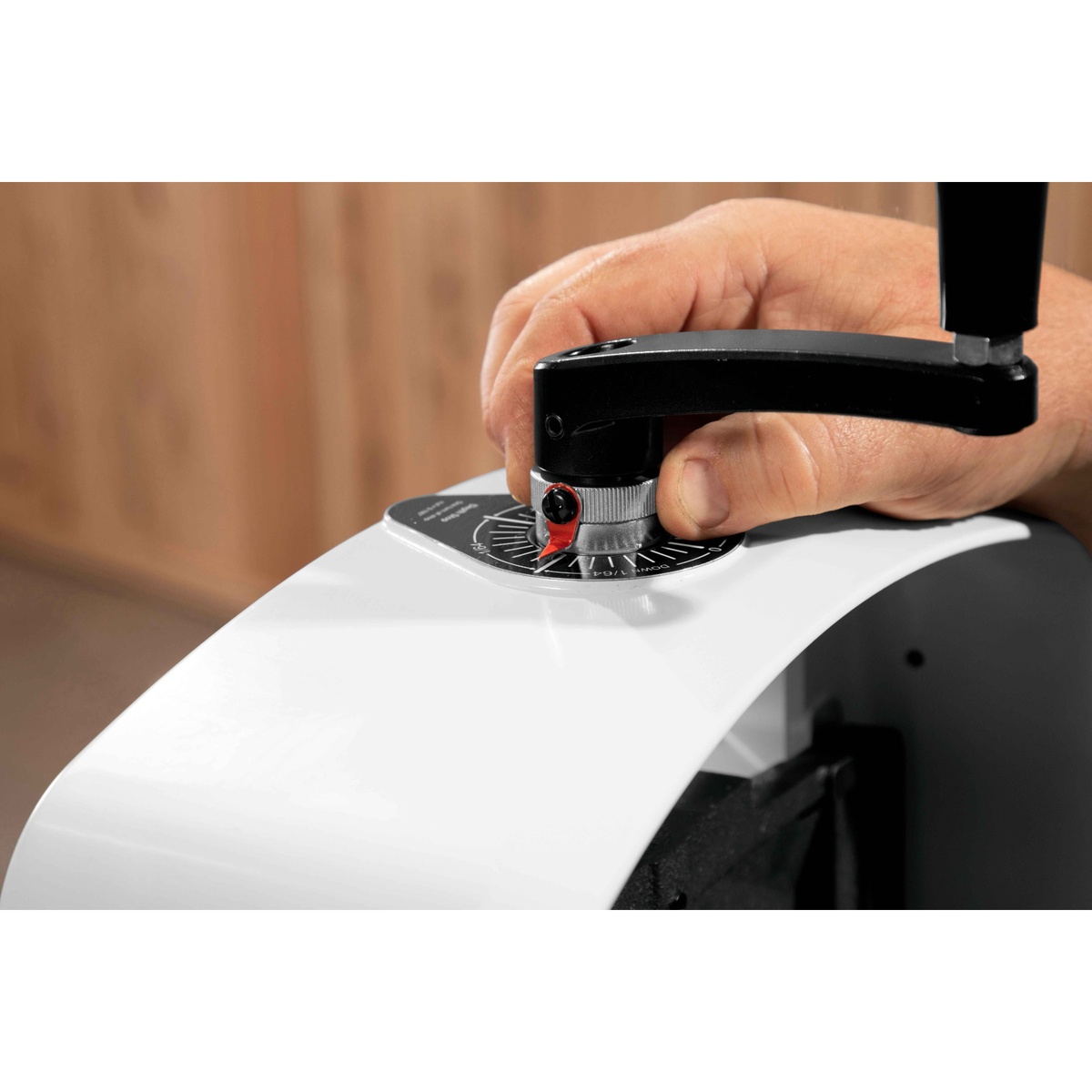 JET 723550OSK JWDS-2550 Drum Sander height adjustment handwheel and depth scale being set for woodworking thickness sanding in a shop