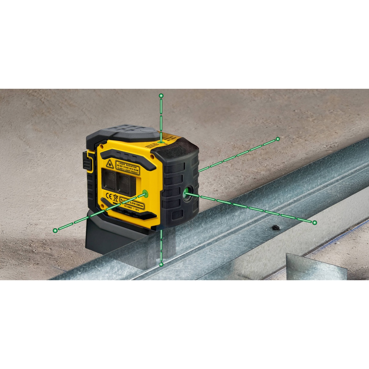 Stabila 03165 LA-5P Green 5 Point Laser Level Set set on metal track to transfer plumb and square points during interior framing layout