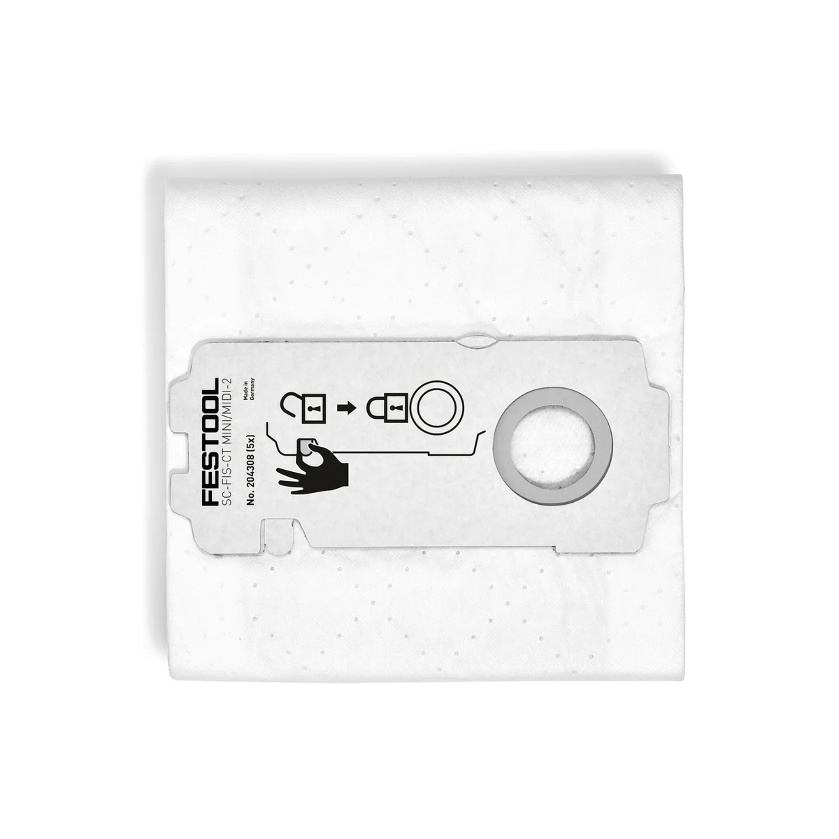 Festool 204308 Self-Cleaning Filter Bag product image showing the replacement dust bag and collar for CT 15 and CT MINI I CT MIDI I extractors in workshop dust collection use