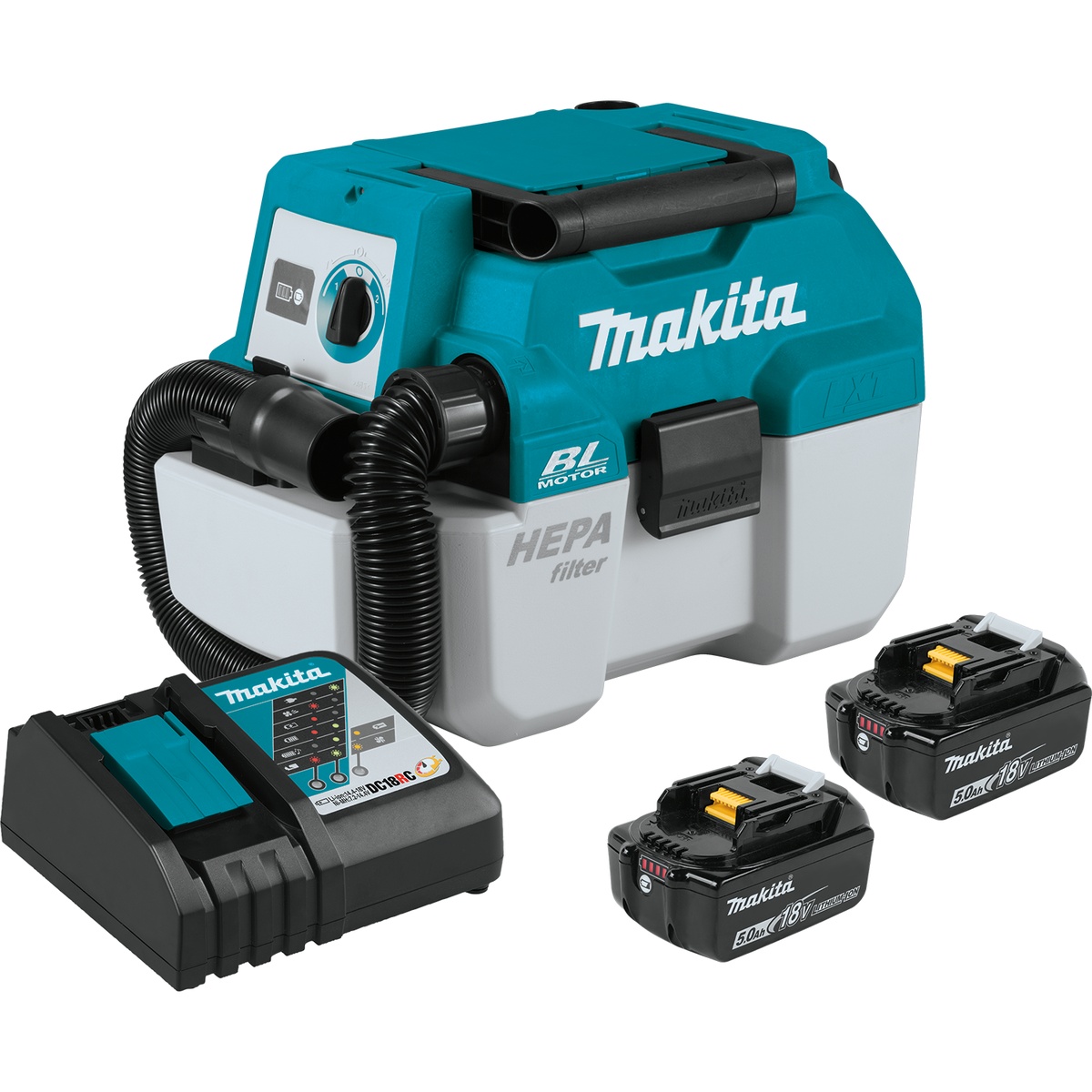Makita XCV11T 18V LXT Lithium-Ion Brushless Cordless 2 Gallon HEPA Filter Portable Wet/Dry Dust Extractor/Vacuum Kit (5.0Ah) shown as a complete cordless cleanup kit with vacuum, charger, and batteries for jobsite dust collection and wet dry cleanup