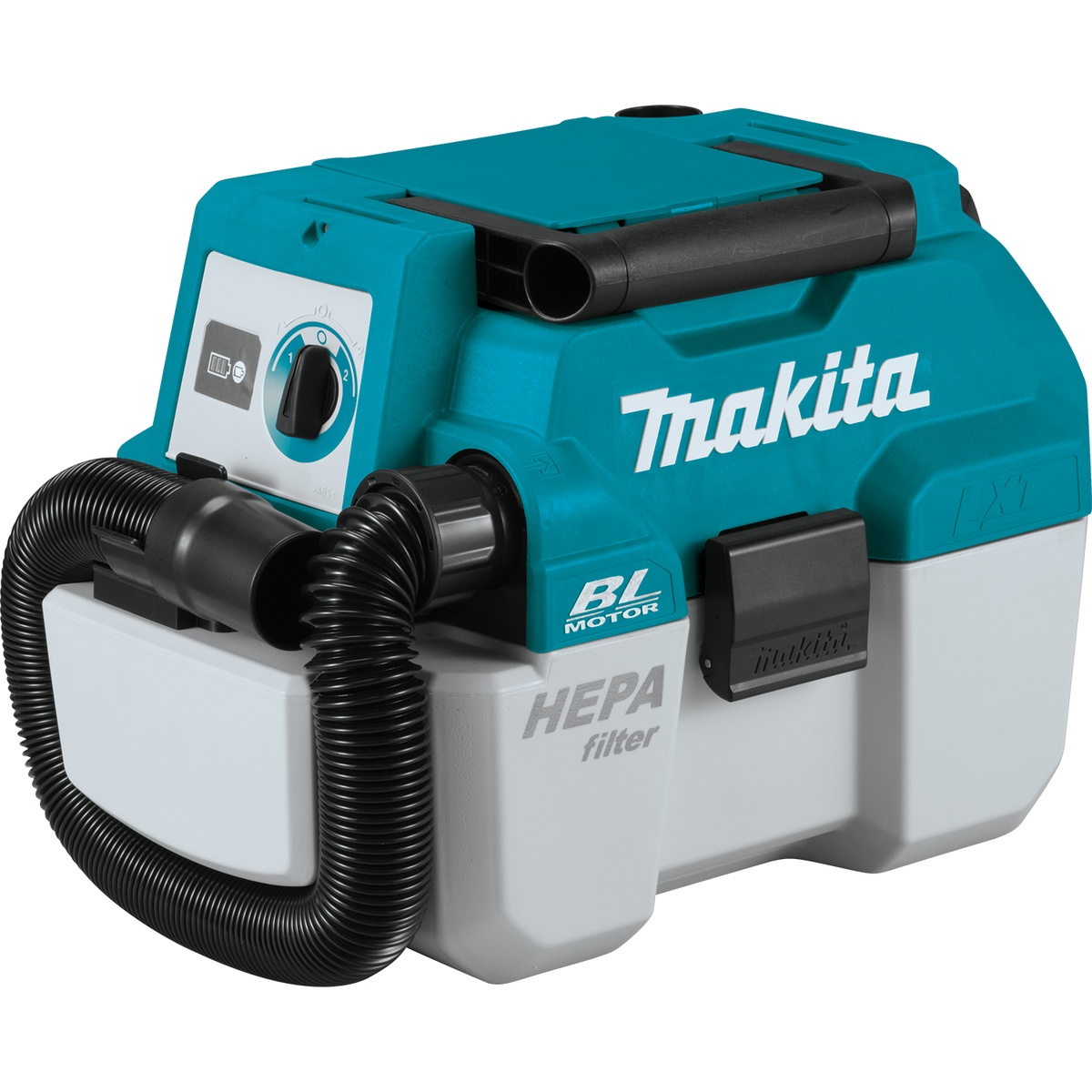 Makita XCV11Z 18V LXT Lithium-Ion Brushless Cordless 2 Gallon HEPA Filter Portable Wet/Dry Dust Extractor/Vacuum shown with hose attached for jobsite dust collection and portable cleanup