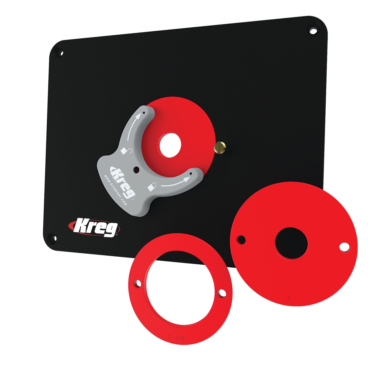 Kreg Tool PRS4036 Precision Router Table Insert Plate showing Level-Loc reducing rings and ring wrench for setting the opening size around a router bit on a router table