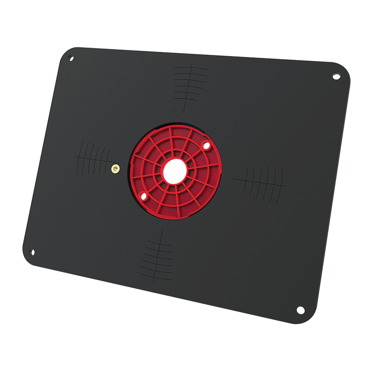 Underside view of the Kreg Tool PRS4038 Precision Router Table Insert Plate - Undrilled showing alignment marks used to center a router for drilling mounting holes