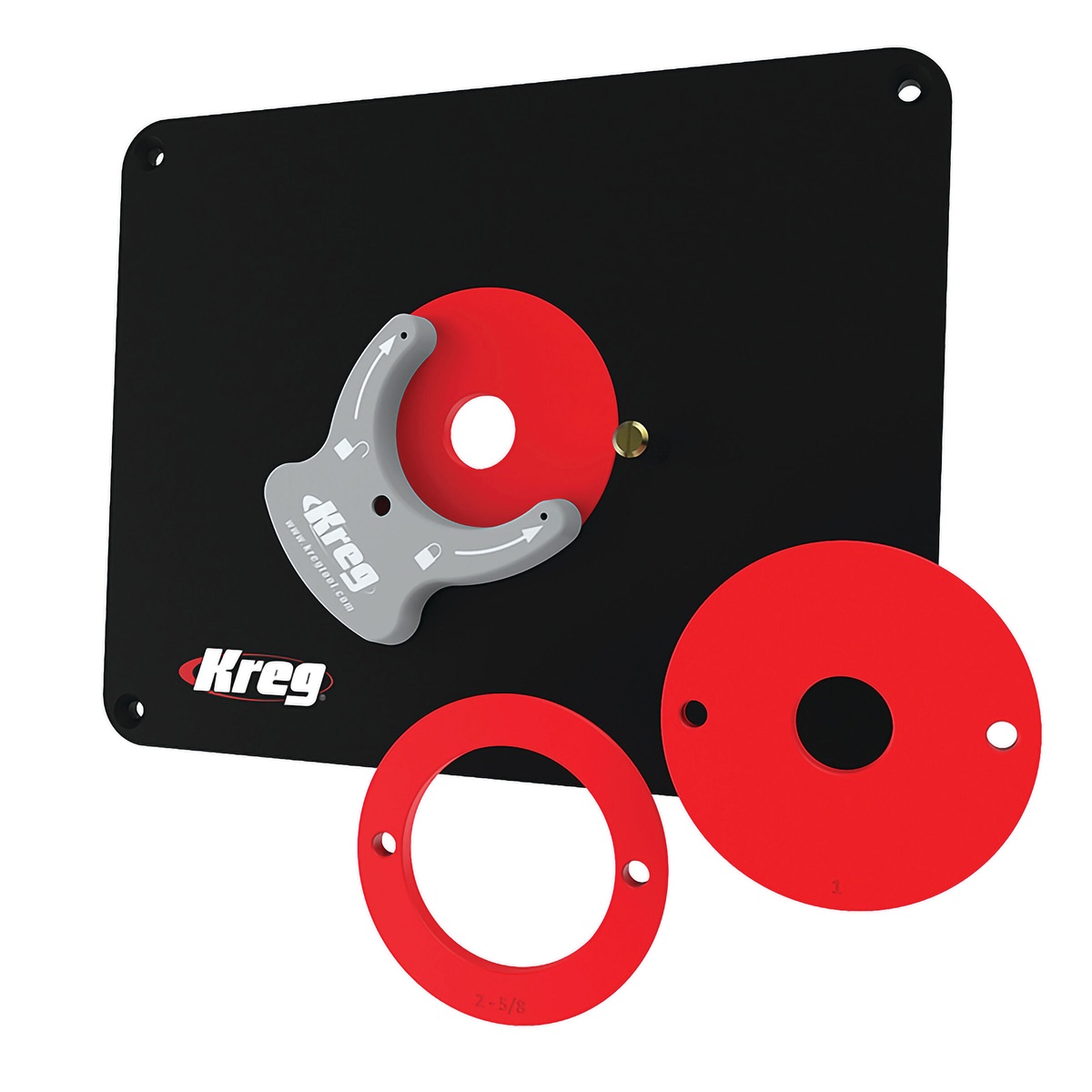 Kreg Tool PRS4038 Precision Router Table Insert Plate - Undrilled with Level-Loc reducing rings installed, showing flush ring opening for router table routing
