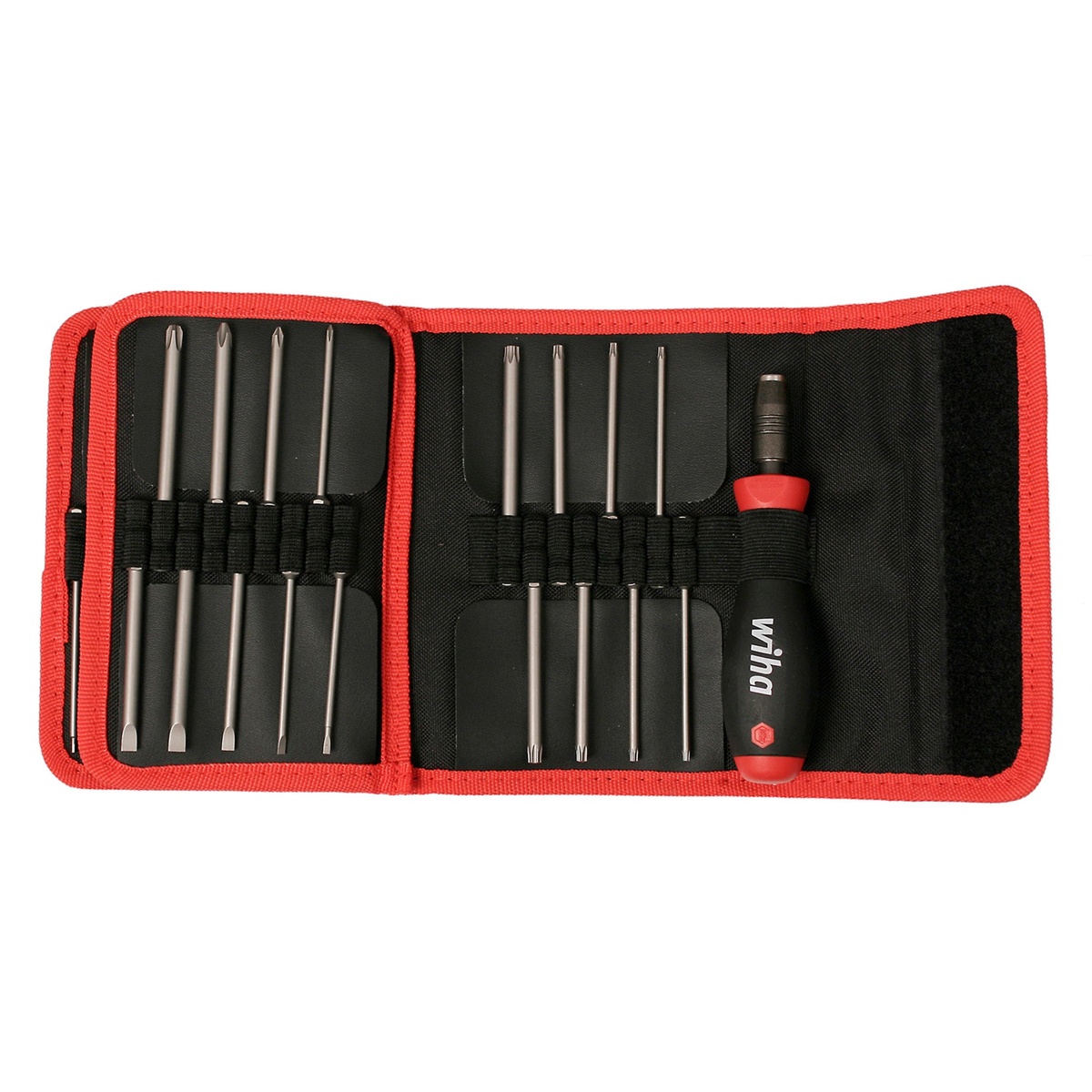 Wiha 76099 37-Piece Power Blade Set showing the CentroFix handle and interchangeable blades laid out in the pouch for quick driver changes