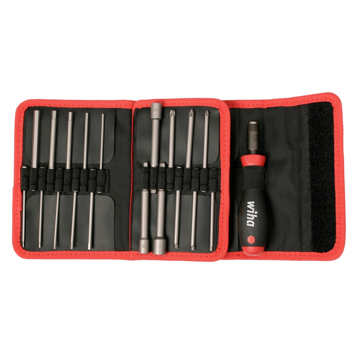 Wiha 76099 37-Piece Power Blade Set opened in its folding pouch with assorted power blades and handle organized for service and fastening work