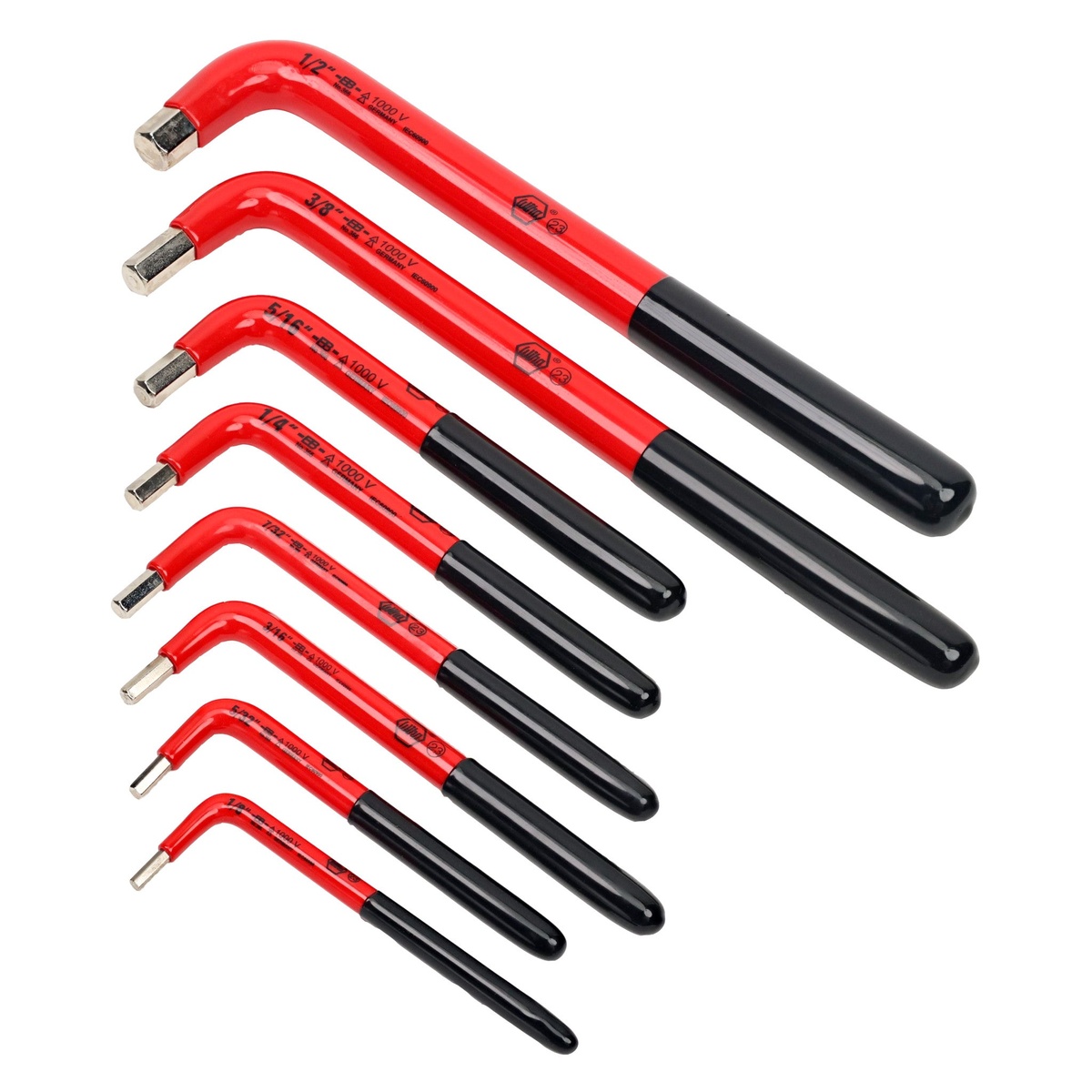 Wiha 13690 Insulated Inch Hex L-Key 8 Piece Set shown as a full set of insulated inch hex keys on a clean background for electrical service and energized equipment maintenance