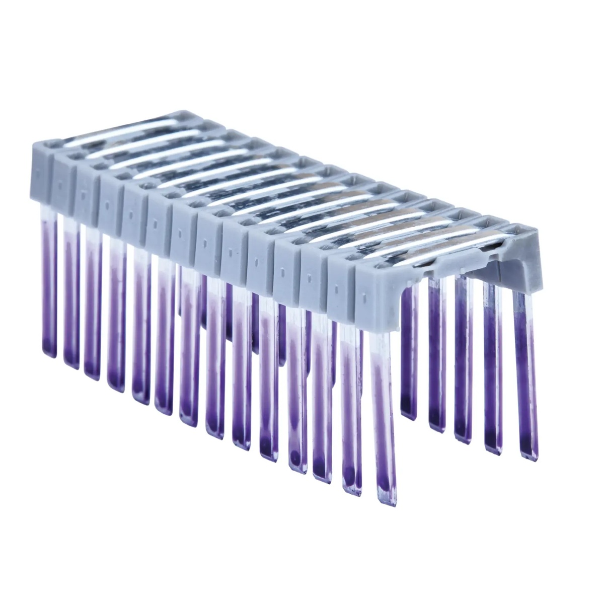 DEWALT DRS18100 1-in. Insulated Cable Staples strip shown close up on a white background for electrical cable fastening and DCN701 stapler use