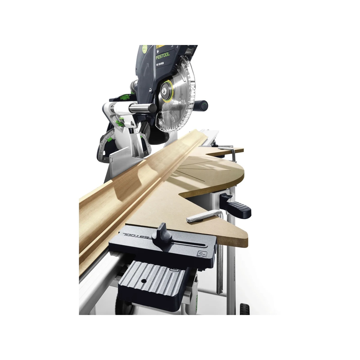 Festool Crown Stops AB-KA-UG/2 supporting a long crown molding profile on a Festool Kapex saw station for finish carpentry