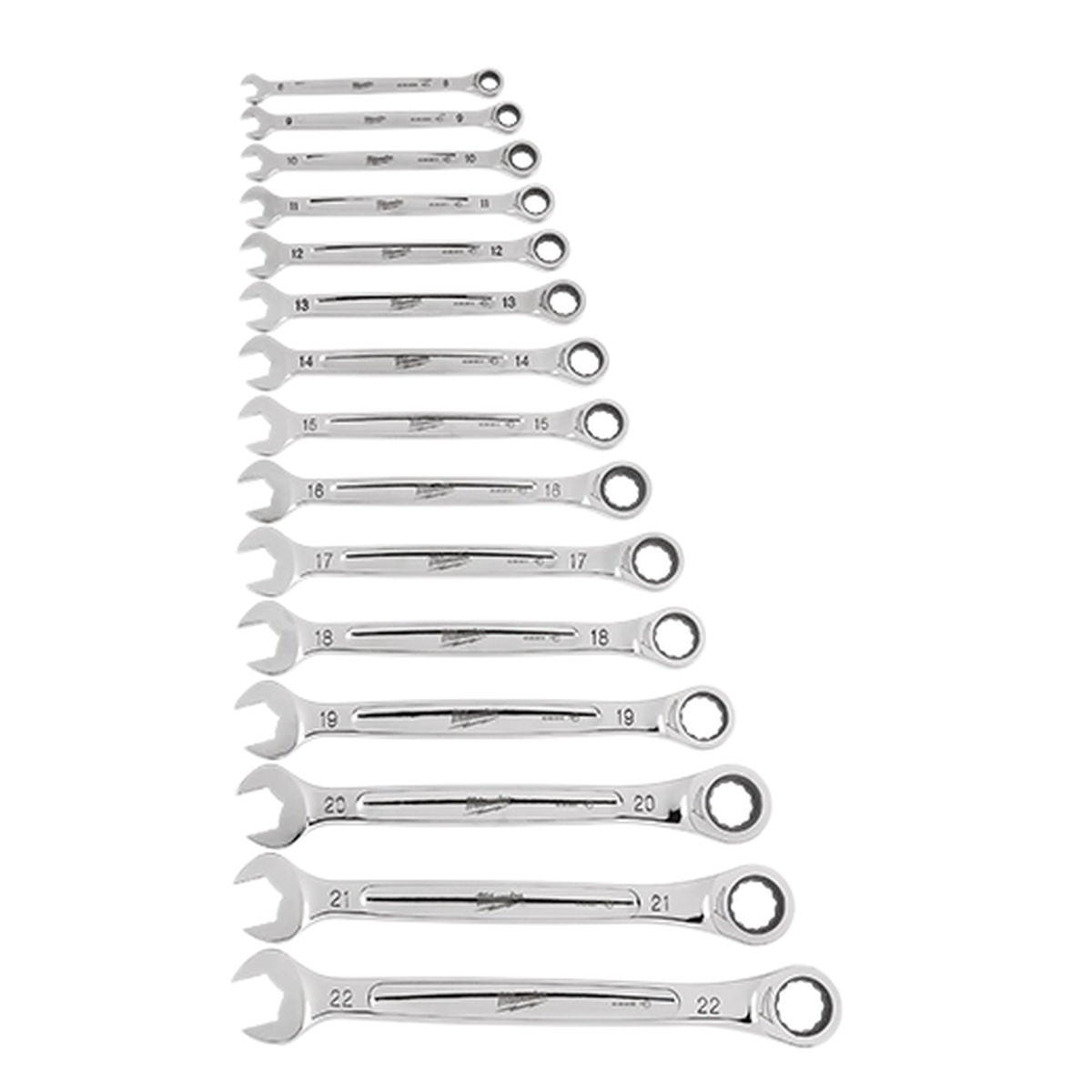 Milwaukee 48-22-9516 15pc Metric Ratcheting Combination Wrench Set laid out by size on a clean background showing the open end and ratcheting box end
