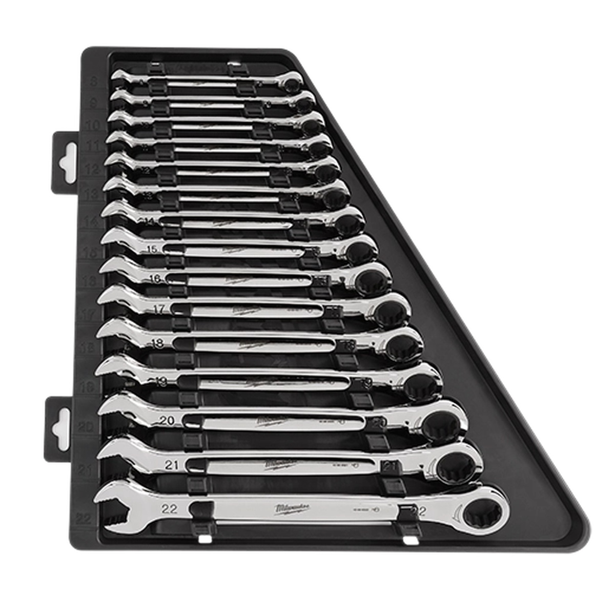 Milwaukee 48-22-9516 15pc Metric Ratcheting Combination Wrench Set organized in a storage tray for steel tool drawers