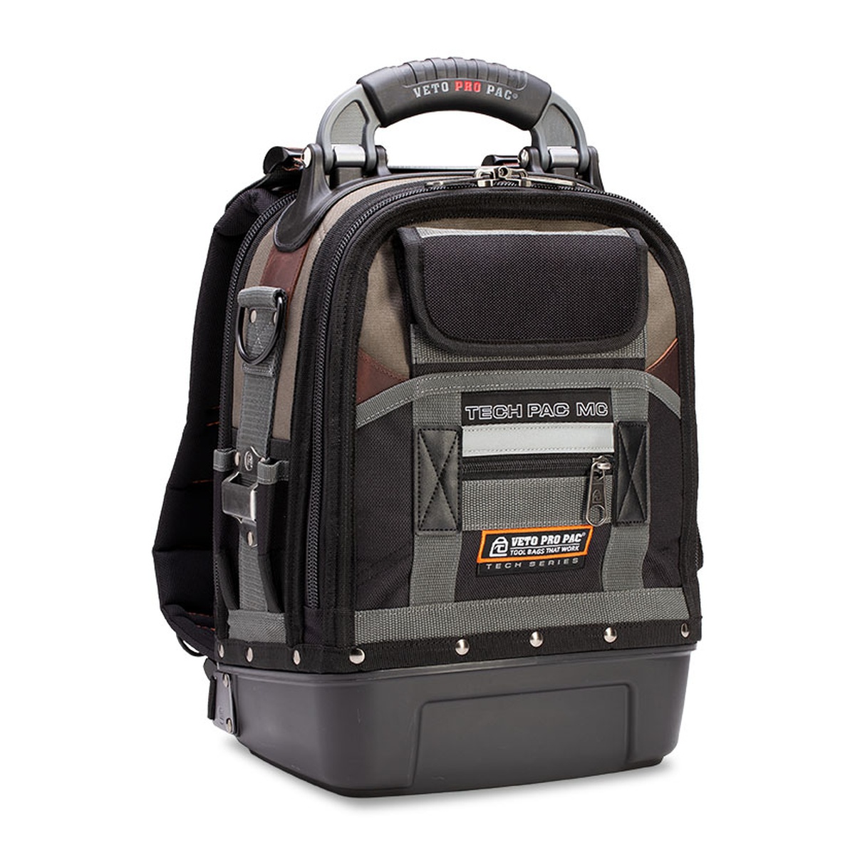 Veto Pro Pac Tech Pac MC Backpack Tool Bag closed with hard waterproof base, compact profile, and reinforced construction for mobile service technicians