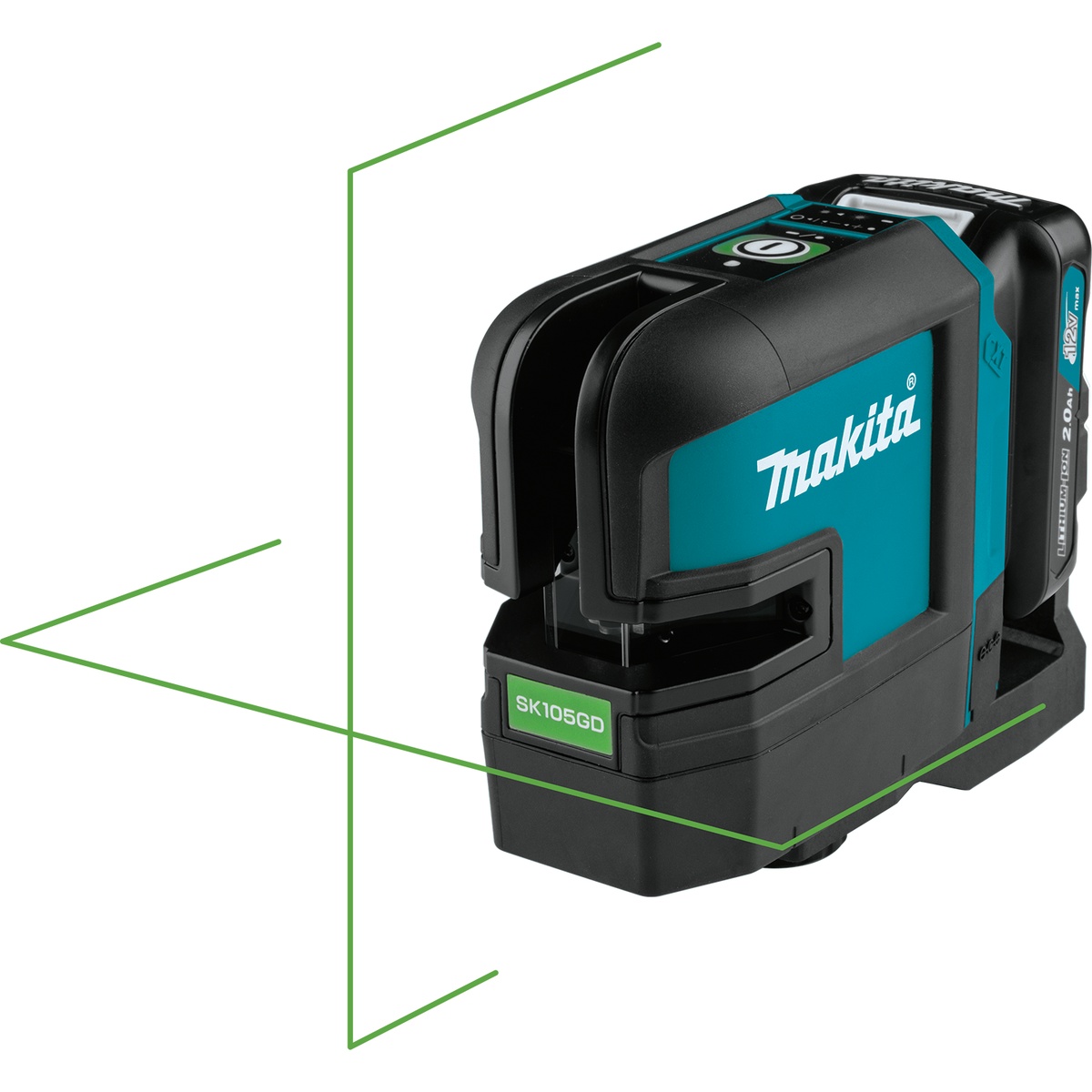 Makita SK105GDNAX 12V max CXT cordless self-leveling cross-line green beam laser projecting horizontal and vertical layout lines for indoor alignment and plumb work