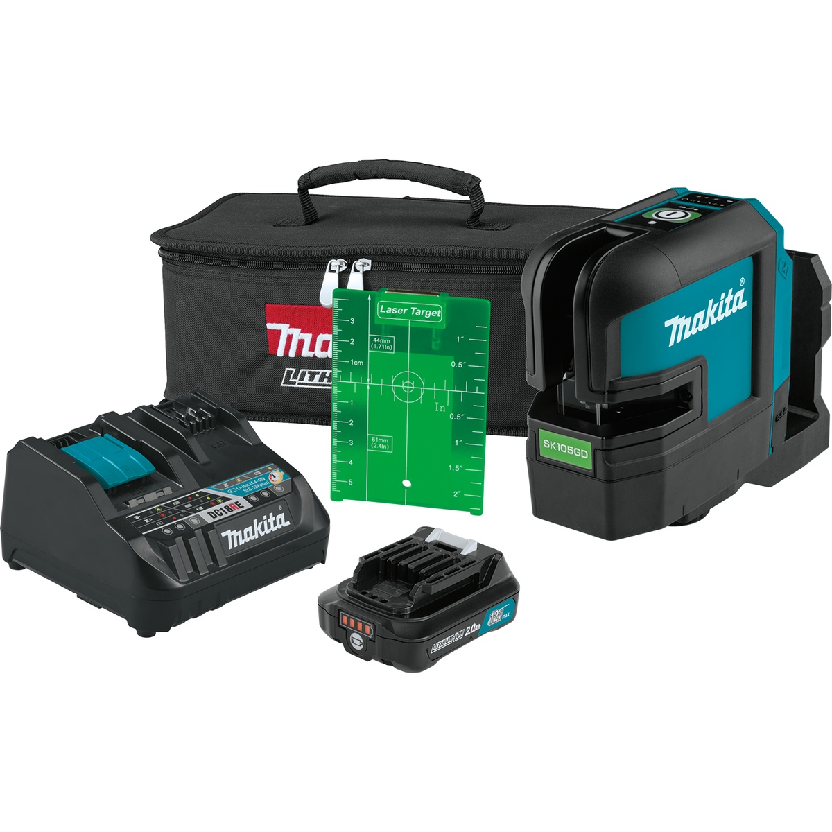 Makita SK105GDNAX 12V max CXT cordless self-leveling cross-line green beam laser kit with battery charger target plate and bag for jobsite layout setup