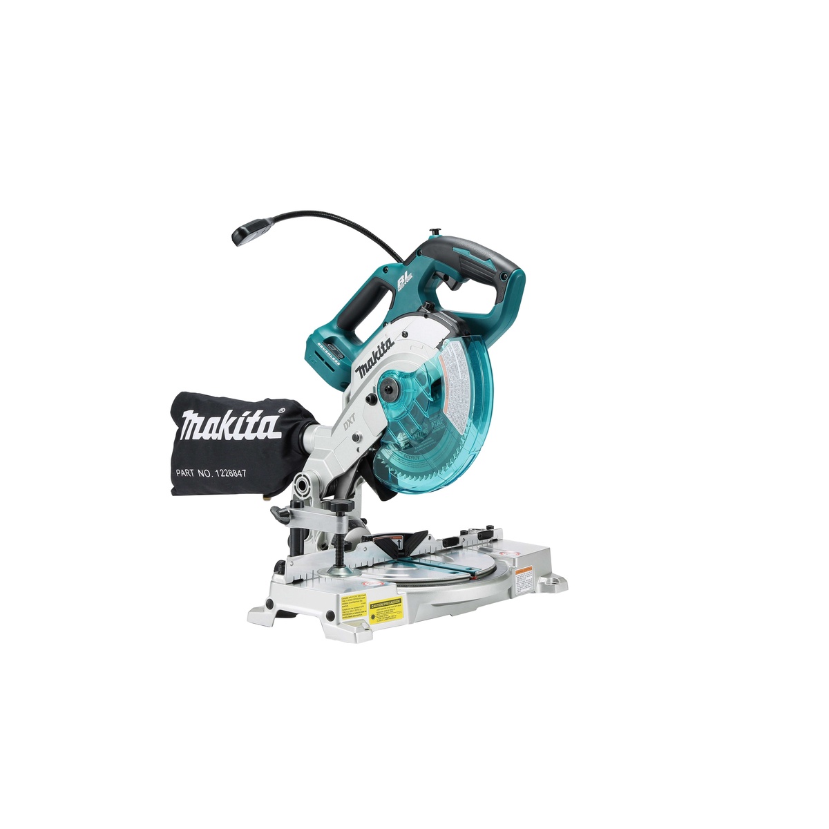 Makita XSL05Z compact cordless miter saw on a clean background showing the laser, see-through blade guard, LED light, and compact base used for precise trim and molding cuts