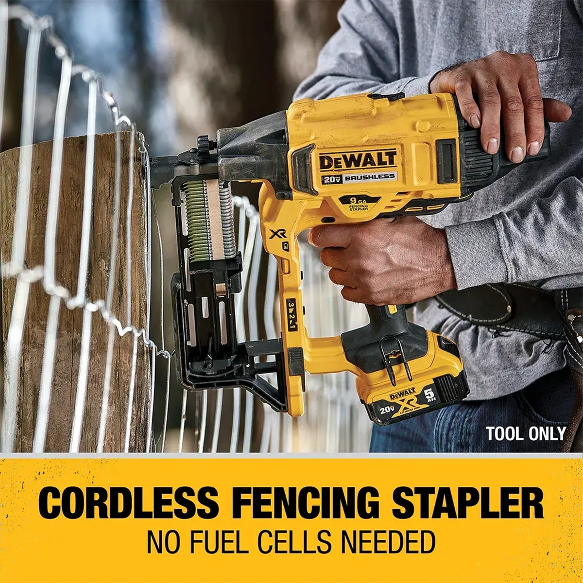 DEWALT DCFS950B 20V MAX XR 9GA Cordless Fencing Stapler driving a fencing staple into wire and wood post for close-up placement control