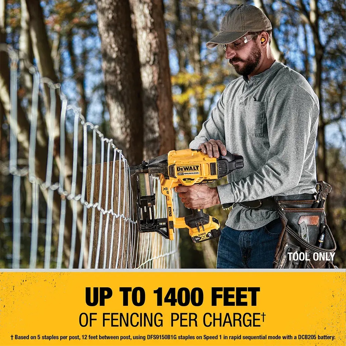 DEWALT DCFS950B 20V MAX XR 9GA Cordless Fencing Stapler fastening wire fencing to a wood post in an outdoor rural setting