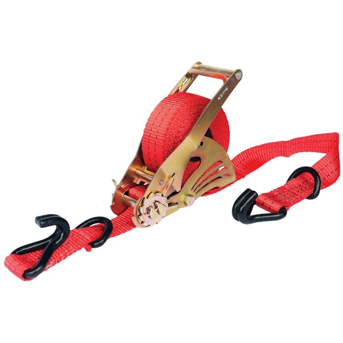 Quickloader QL450003 4500lb 15ft Ratchet Strap, 1-Pack shown with retractable ratchet body, red polyester strap, and wire hooks for cargo securement on a trailer or truck