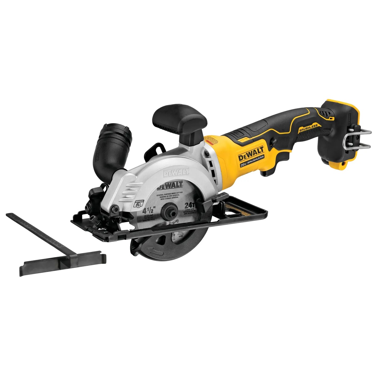 DEWALT DCS571B 20V MAX ATOMIC Brushless Cordless 4-1/2 in Circular Saw shown with rip fence and dust port adapter on a clean background for compact wood cutting and straight guide work