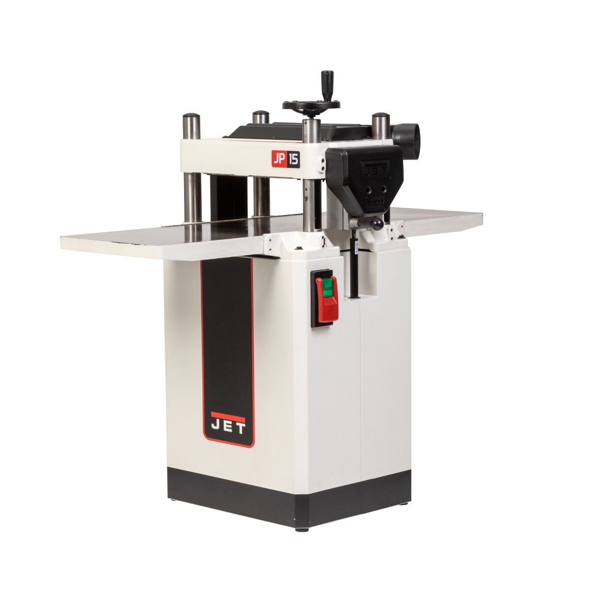 Jet Tools JWP-15BHH 15-inch helical cutterhead planer shown as a floor-standing woodworking machine in a shop-ready setup for thickness planing rough lumber
