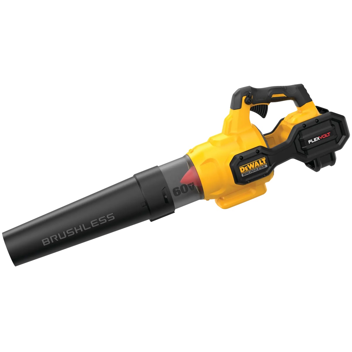 DEWALT DCBL772X1 FLEXVOLT 60V MAX brushless cordless handheld axial blower angled product view highlighting the handle, trigger area, and airflow tube for controlled debris blowing