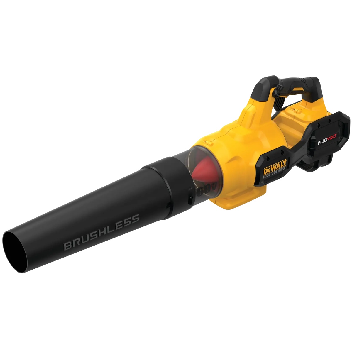 DEWALT DCBL772X1 FLEXVOLT 60V MAX brushless cordless handheld axial blower product view showing the nozzle, motor housing, and battery interface on a clean background