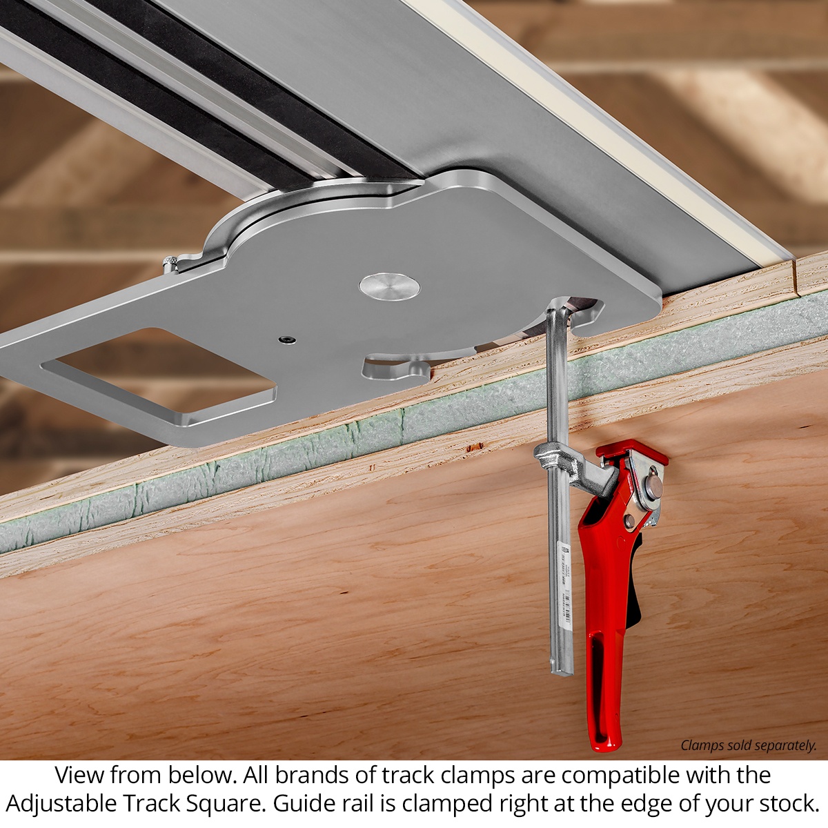 Woodpeckers ADTKSQ-NC Adjustable Track Square underside view showing the guide rail clamped at the edge of plywood