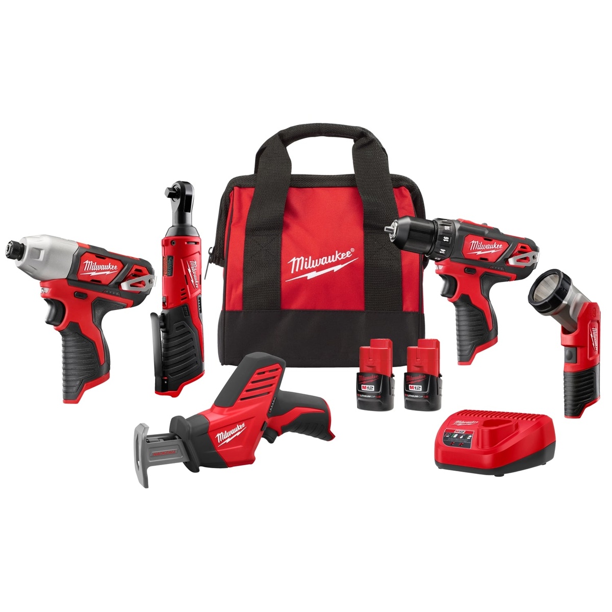 Milwaukee 2498-25 M12 Cordless Lithium Ion 5-Tool Combo 1.5Ah Kit with drill driver, impact driver, Hackzall reciprocating saw, ratchet, work light, batteries, charger, and contractor bag arranged for a compact service and install setup