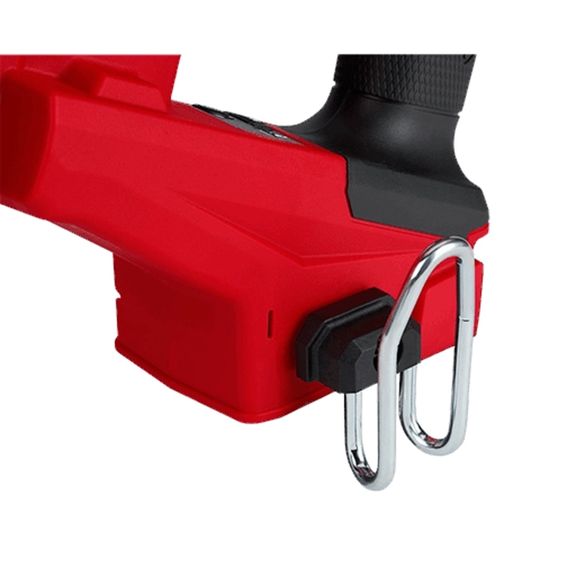 Milwaukee M18 FUEL 18 Gauge Brad Nailer close-up showing belt hook and on-off power button for jobsite carry and quick access