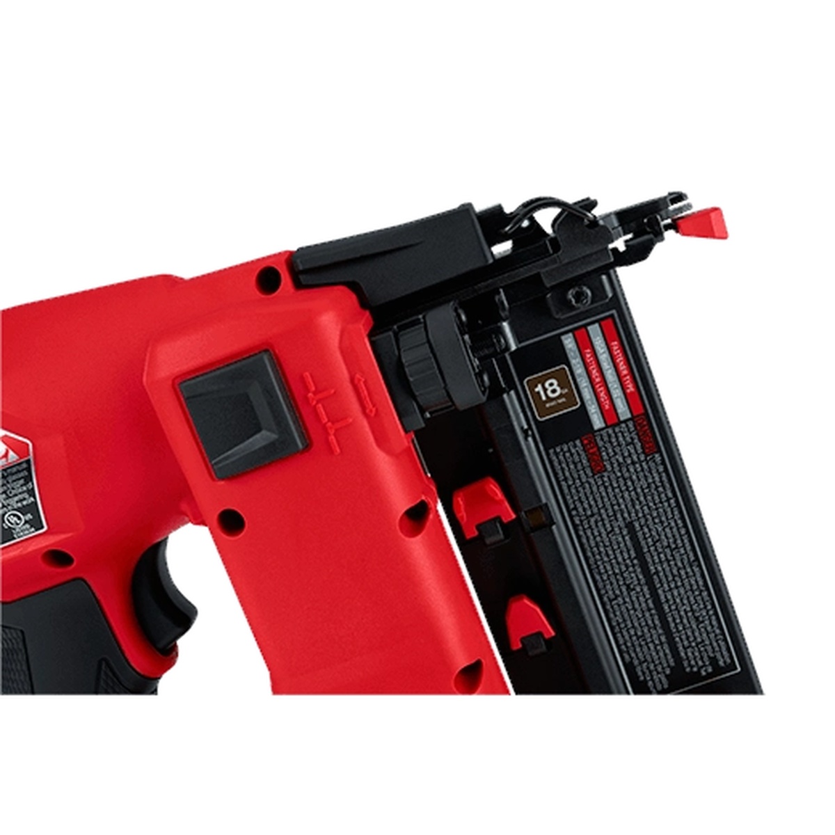 Milwaukee M18 FUEL 18 Gauge Brad Nailer Kit magazine and adjustment area shown for brad loading and finish nailing setup on trim work