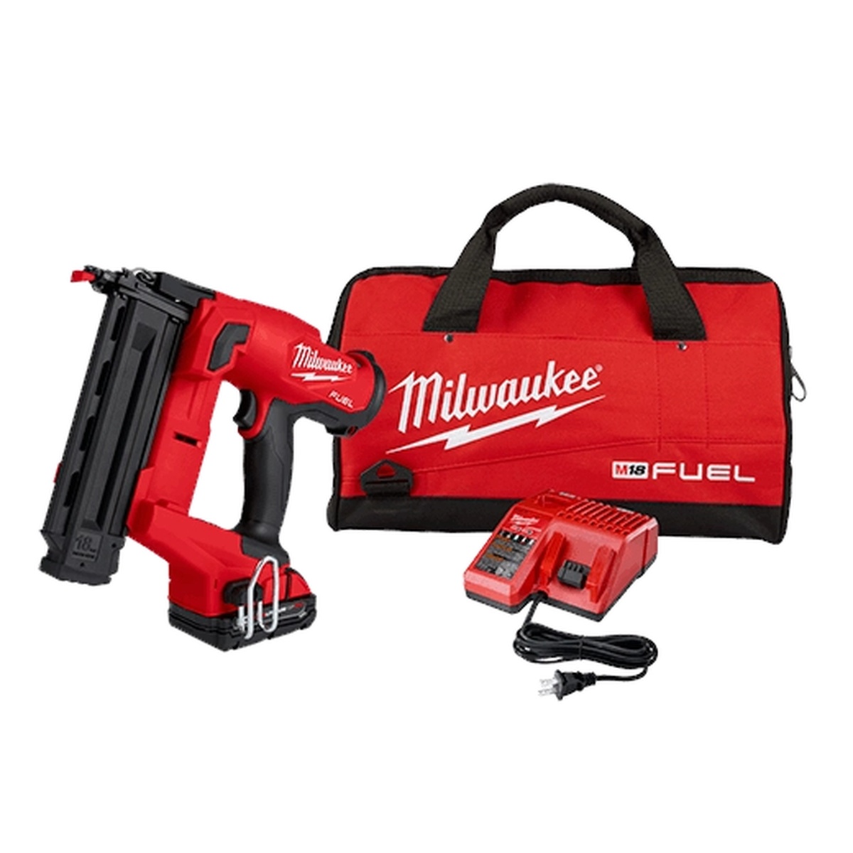 Milwaukee M18 FUEL 18 Gauge Brad Nailer Kit with battery charger and contractor bag ready for jobsite finish carpentry