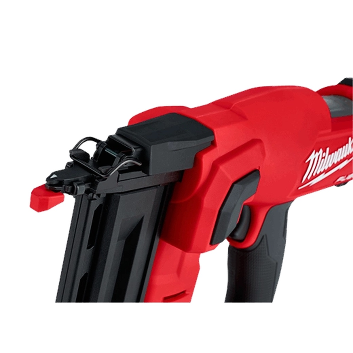 Milwaukee M18 FUEL 18 Gauge Brad Nailer Kit nose detail shown for accurate brad placement on trim and finish carpentry tasks