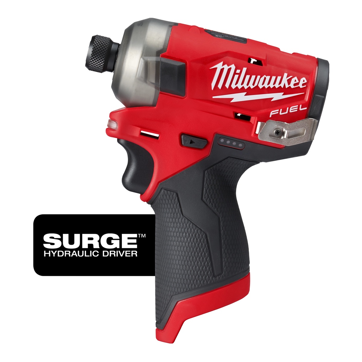 Milwaukee M12 FUEL SURGE 1/4 in. Hex Hydraulic Driver product view showing compact head length and 1/4 inch hex quick-change chuck for tight-space fastening