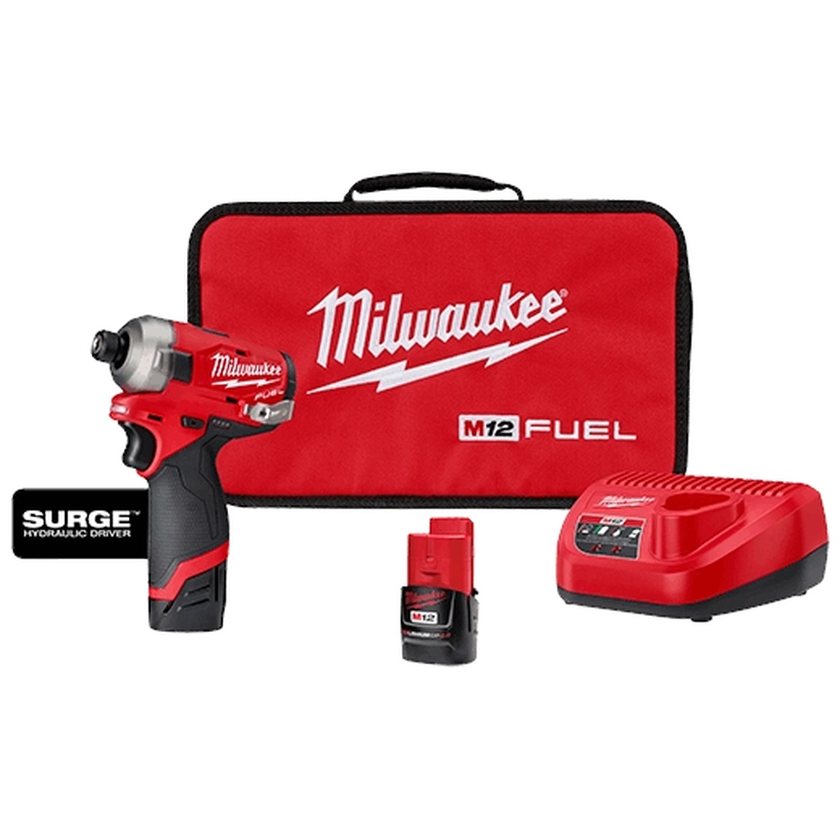 Milwaukee M12 FUEL SURGE 1/4 inch Hex Hydraulic Driver Kit with tool, two M12 batteries, charger, and contractor bag on a clean background