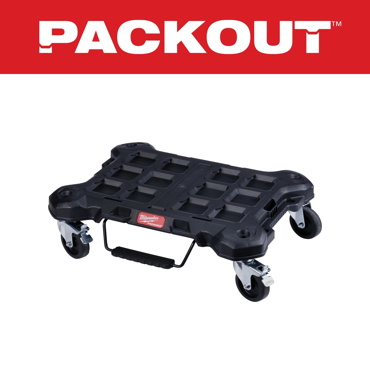 Milwaukee PACKOUT Dolly product image showing the low-profile rolling base, four casters, and front loading lever on a clean background