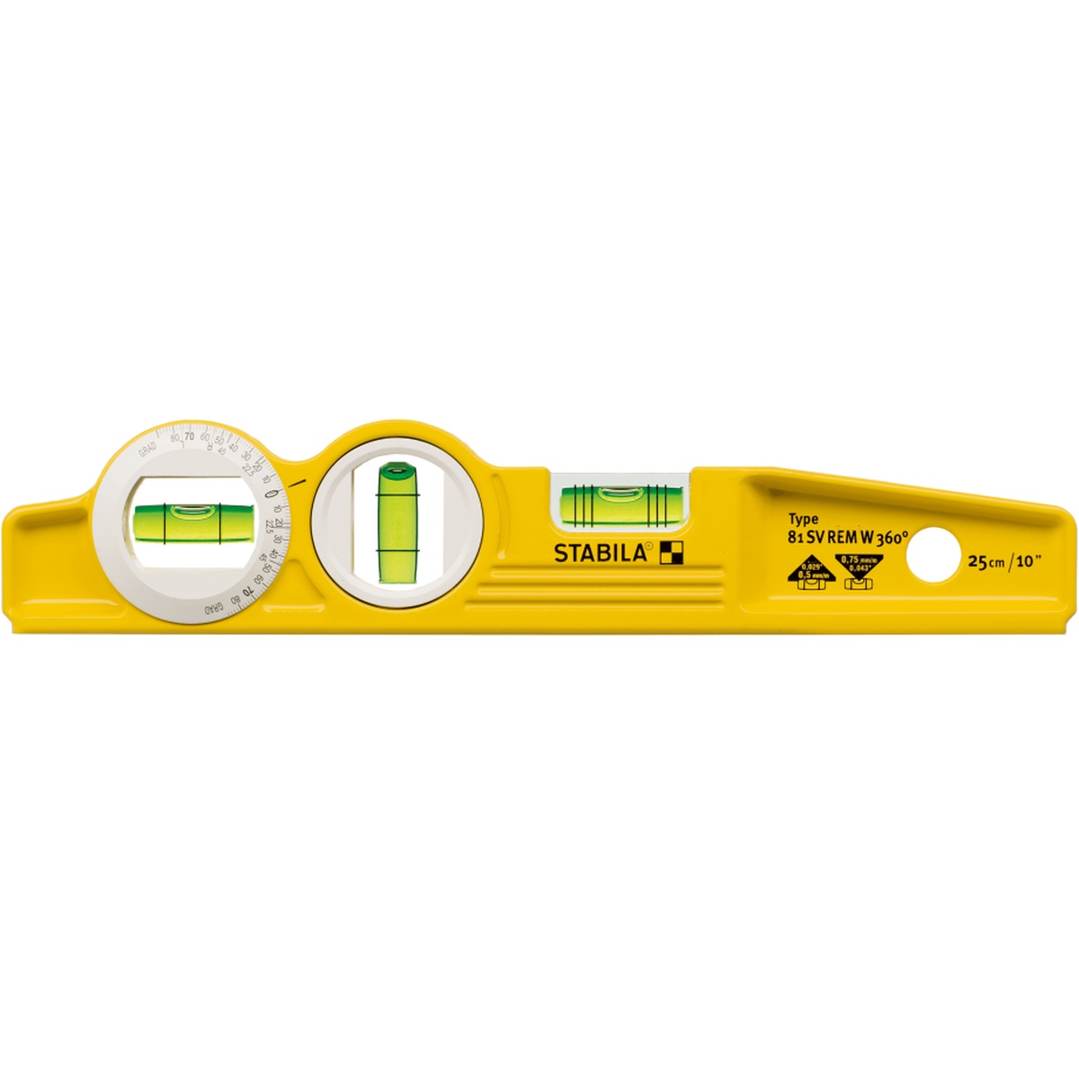 Close-up of the Stabila 25360 Type 81 SV REM W360° Level showing horizontal vial, vertical vial, and rotating angle vial with degree markings